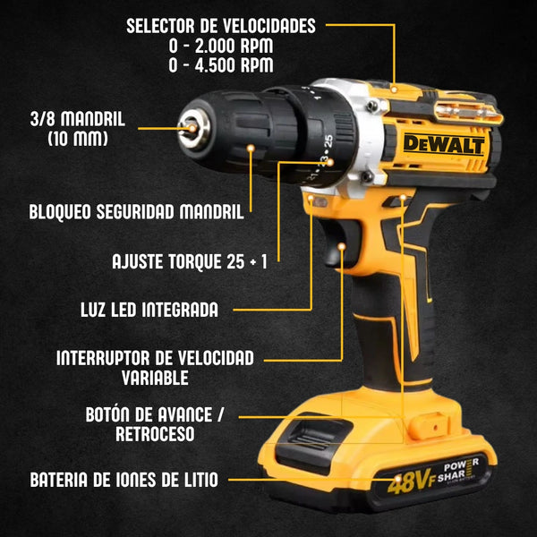 Taladro Percutor DeWalt 48V Inalámbrico + Accesorios